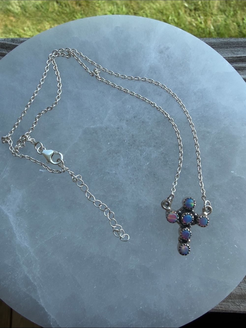 Sterling Silver Opal Cross Pendant Necklace - Iridescent Blue-Pink